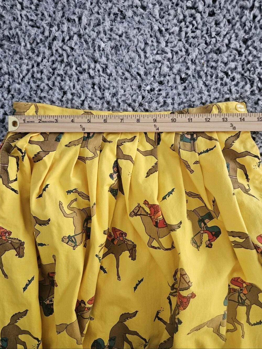 Vintage Equestrian Print Yellow Midi Skirt Small S 4-6 Horse Racing Jockey Derby